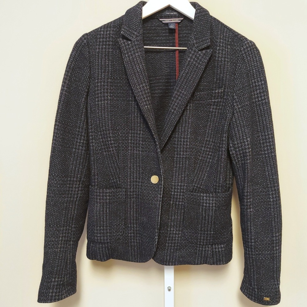 Tommy Hilfiger Women Blazer Jacket 8 Houndstooth Wool Blend Academia Classic